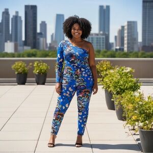 Fashion Nova Blue Floral One-Shoulder Jumpsuit